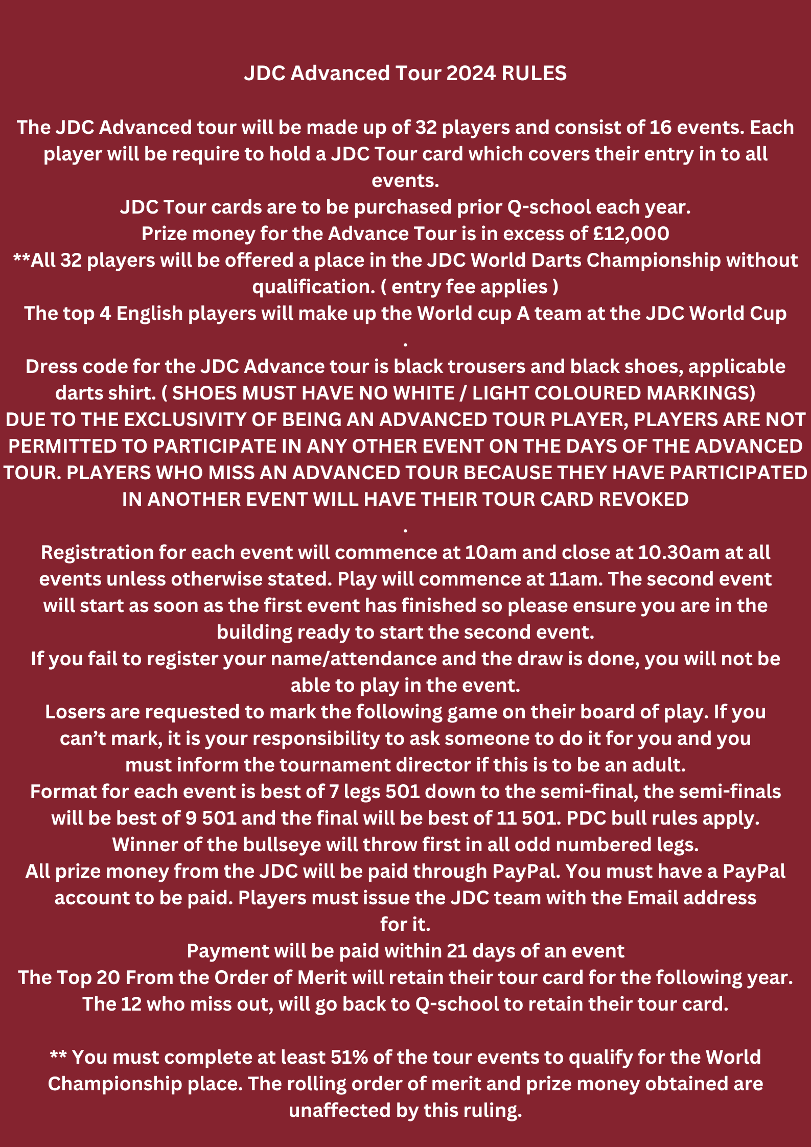 JDC Advanced Tour 2024 RULES The JDC Advanced tour will be made up of 32 players and consist of 16 events. Each player will be require to hold a JDC Tour card which covers their entry in to all ev